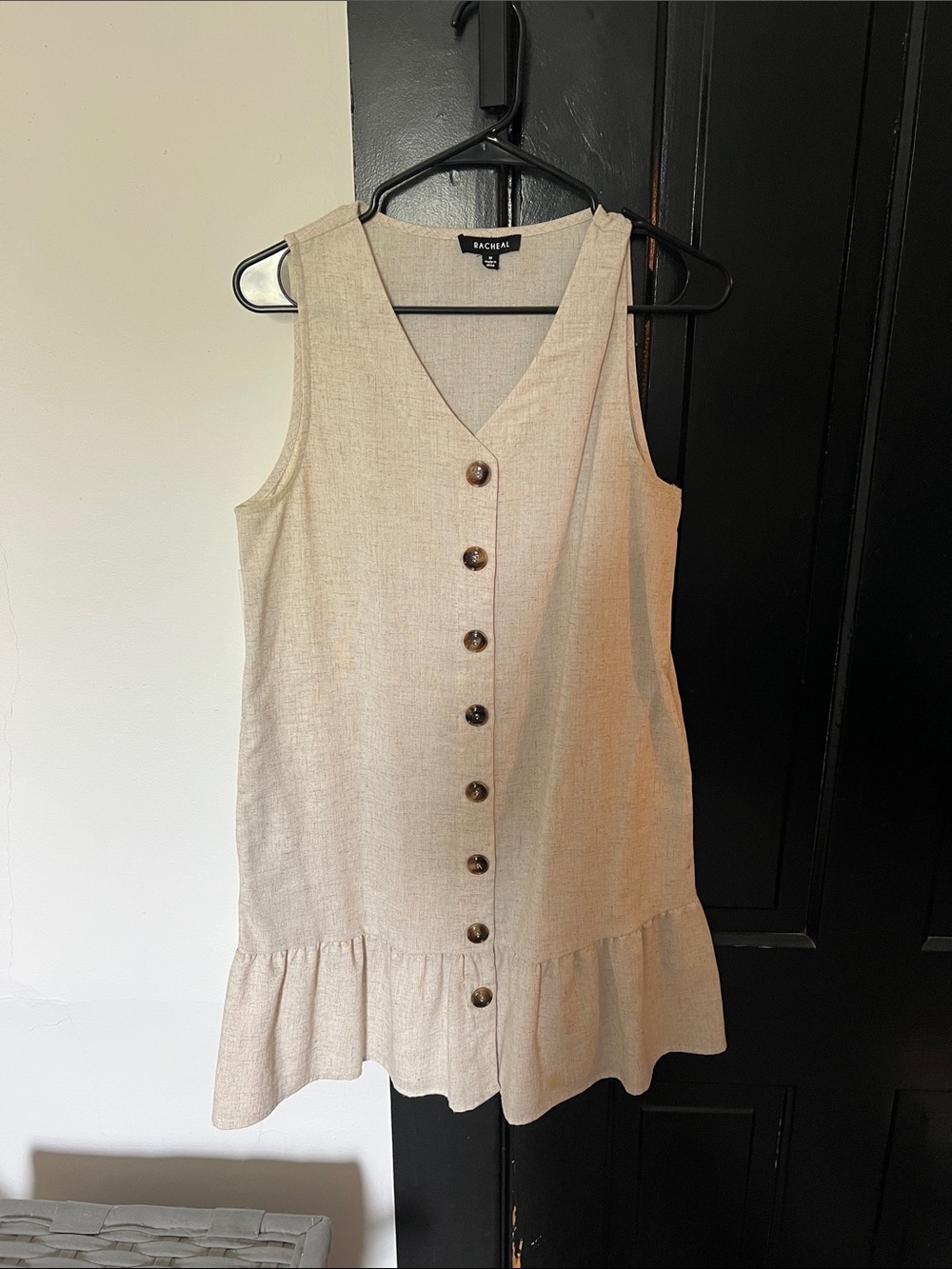 Racheal Neutral Beige Button-Front Ruffle-Hem Mini Dress